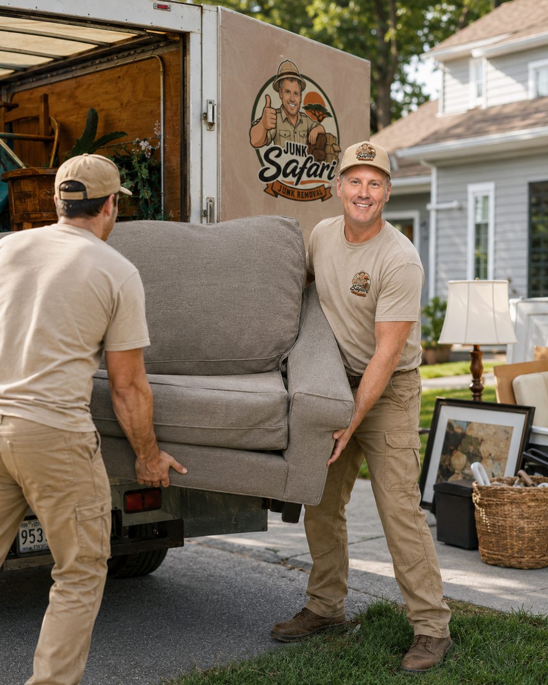 Josh carrying a sofa out to the Junk Safari trailer